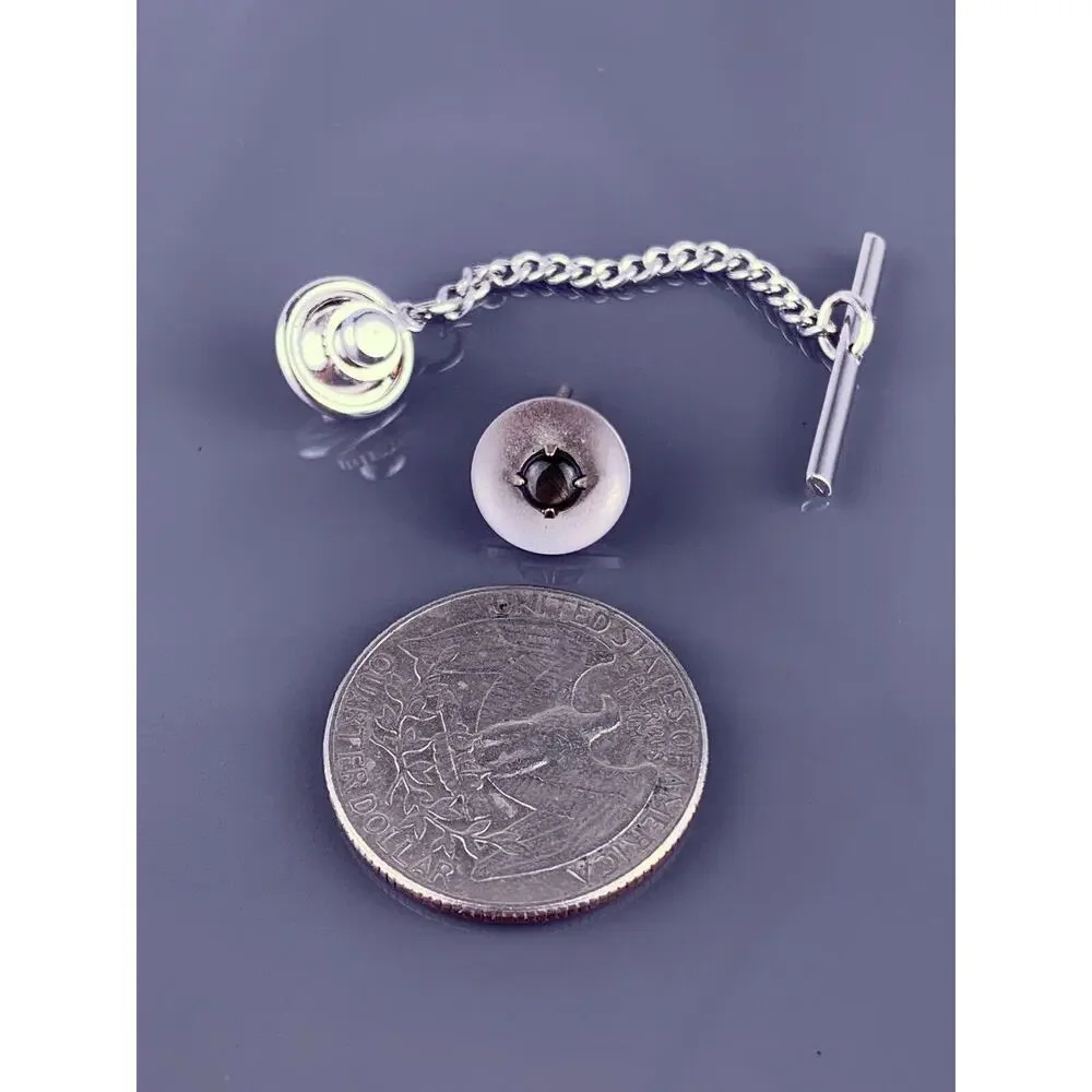 Black Star Sapphire 1/20 12k Gold Filled Tie Tack Pin Silver Round Vintage